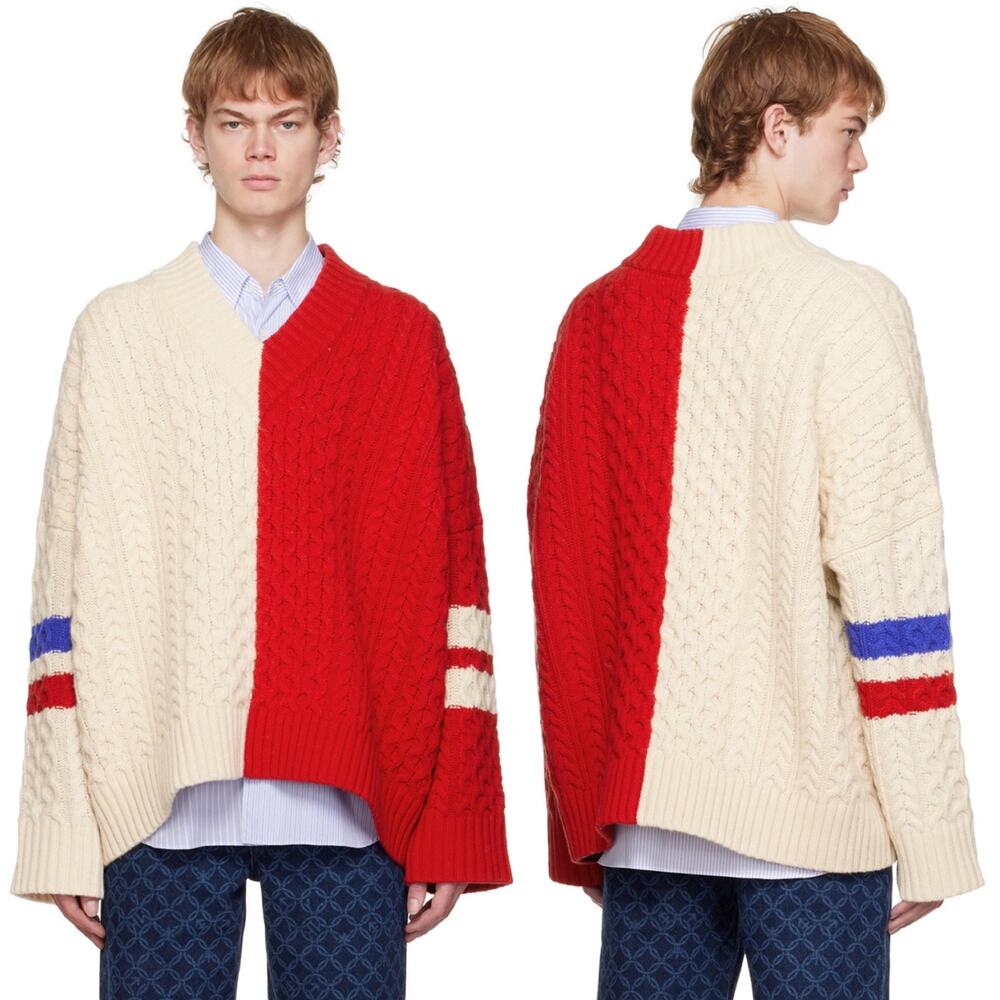 Charles Jeffrey Loverboy Off White Red College Cricket Cable Knit Wool Sweater